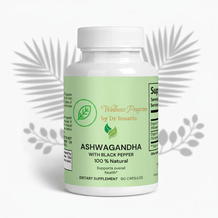 Supplement bottle labeled 'Ashwagandha with Black Pepper' by Dr. Rosario on a white background