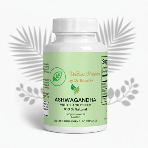 Supplement bottle labeled 'Ashwagandha with Black Pepper' by Dr. Rosario on a white background