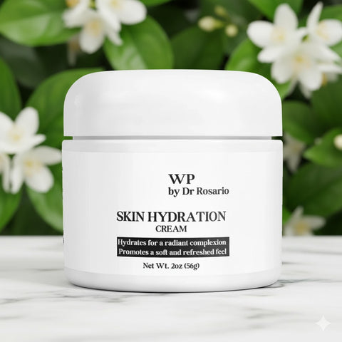 White jar of WP by Dr Rosario Skin Hydration Cream with flowers in the background