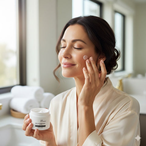 Woman applying cream to her face in a bright bathroom setting