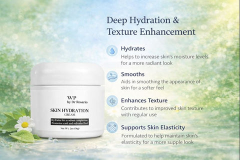 WP by Dr. Rosario Skin Hydration Cream with product features on a nature-themed background