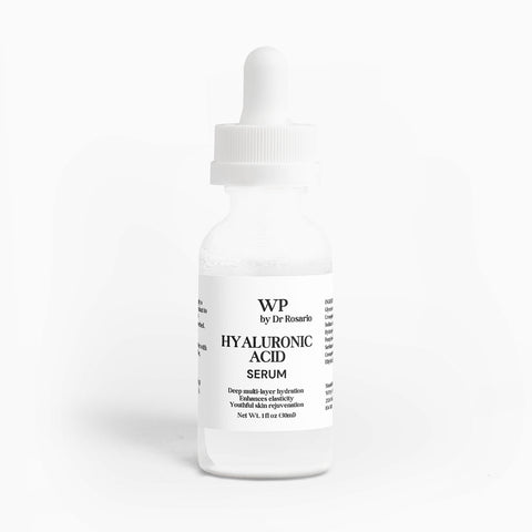 White bottle of WP by Dr. Rosario Hyaluronic Acid Serum on a white background