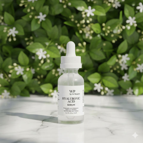 Bottle of WP by Dr. Rosario Hyaluronic Acid Serum on a marble surface with green foliage in the background