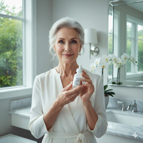 Woman in a white robe holding a skincare bottle in a bright bathroom.