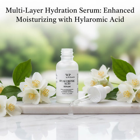 Hyaluronic acid serum bottle with dropper on a marble surface with flowers and green leaves.