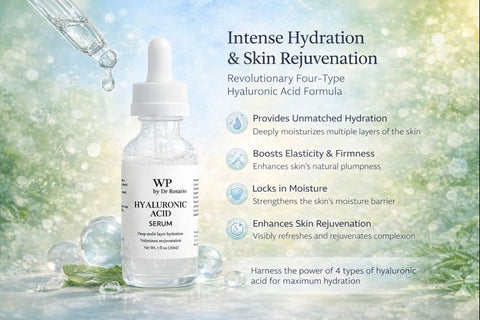 WP Hyaluronic Acid Serum bottle with product features on a blurred natural background