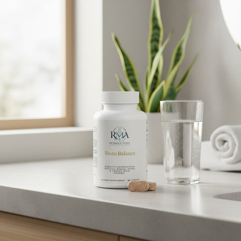 Supplement bottle labeled 'RVA' on a bathroom counter with a glass of water and rolled towel in the background.