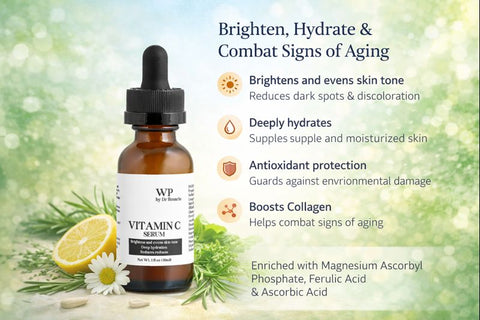 Vitamin C serum bottle with benefits listed on a natural background