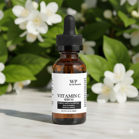 Bottle of WP by Dr. Rosario Vitamin C Serum with a dropper on a wooden surface with flowers in the background