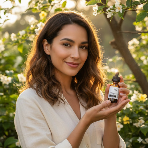 Woman holding a skincare product bottle in a garden setting