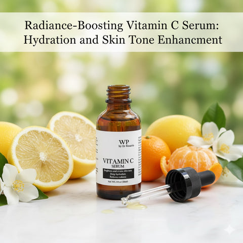 Vitamin C serum bottle with lemons and oranges on a light surface